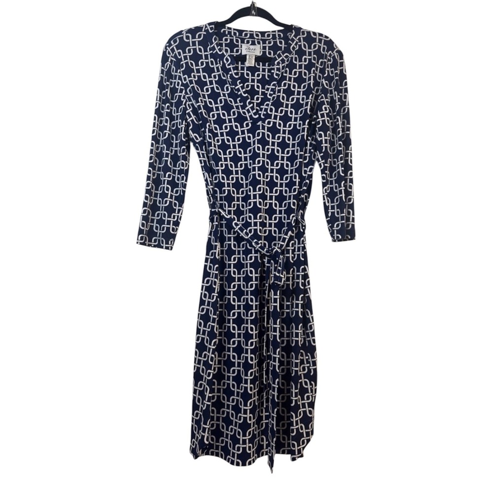 DM  Collection Navy+White Chain Link Print, Jersey Dress Mandarin Neck, Tie Back